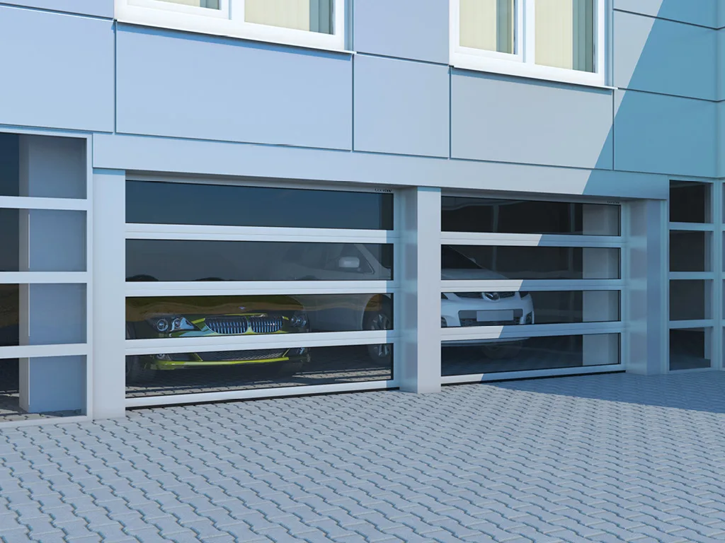 Industrial sectional doors made of aluminum panoramic panels with torsion mechanism ISD02
